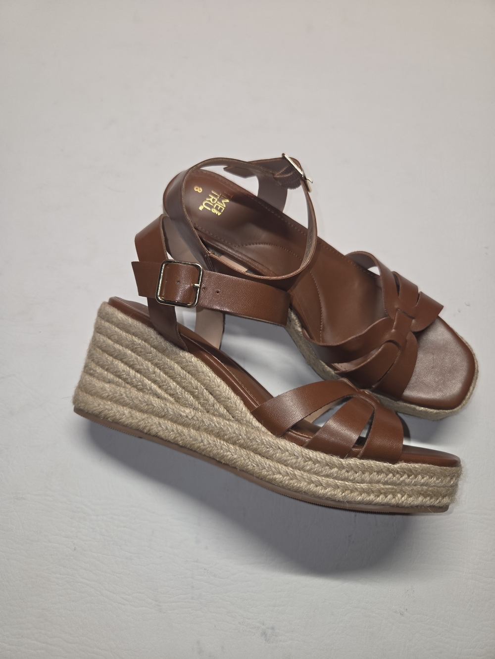 Brown Leather Platform Wedge Sandals with Ankle Strap